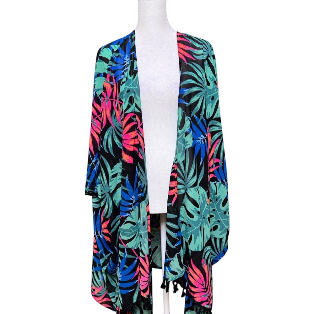 Tropical Leaf Kimono Cover-Up NWT | Tassel Hem | Vibrant Summer Layering Piece